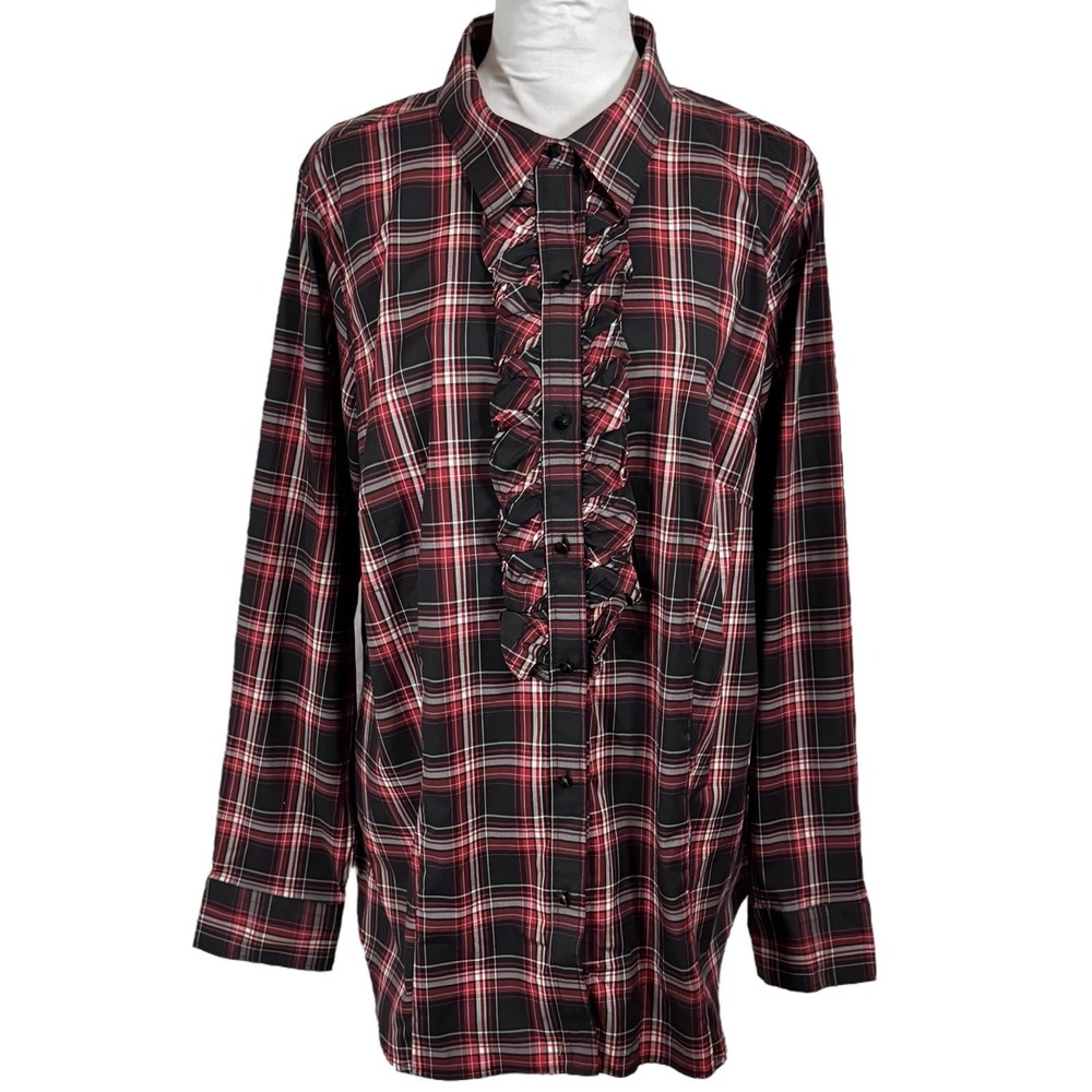 Talbots Ruffle Neck Plaid Button Down Top Size 18 W Red‎ Black Stretch Academia